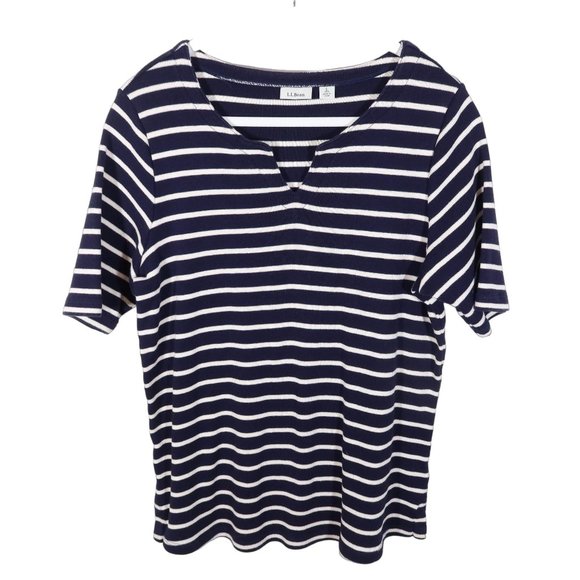 4/$25 LL BEAN Navy Blue White Nautical Stripe Split Neck Ribbed Knit Top Size L - Picture 1 of 5